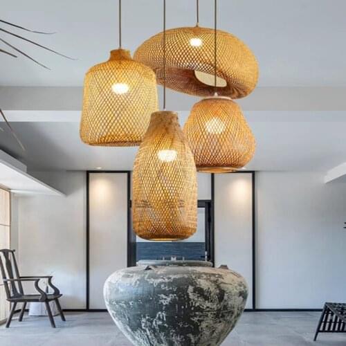 Nordic Retro Bamboo Pendant Light Restaurant Hotel Bar Hanging Lamp Home Rattan Decorative Pendant Lamp Indoor Lighting Fixtures