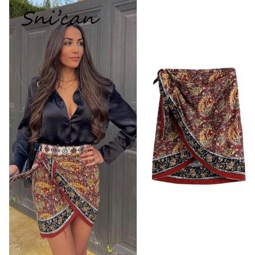 Snican Summer Bohemian Paisley Print Mini Skirt Asymmetrical Fashion Faldas Cortas Za 2021 Women Casual Vintage Jupe Femme New