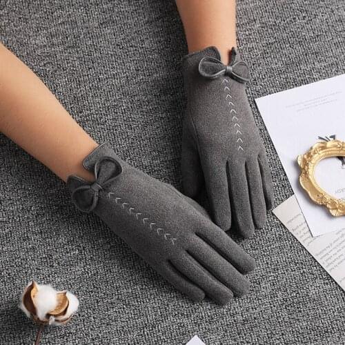 Women Winter Keep Warm Touch Screen Thin Section Bow Elegant Gloves Plus Velvet Inside Windproof Outdoor Cycling Female Gloves