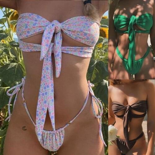 Women Sexy 2pcs Bikini Set Hollow Out Strapless Tie Knot Front Bandeau Swimsuit Side Lace-Up Bandage Thong Bathing Suit
