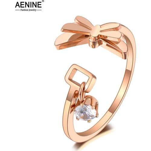 AENINE Creative Titanium Stainless Steel Dragonfly Animal Rings Trendy Rose Gold CZ Crystal Bohemia Ring For Women AR20035