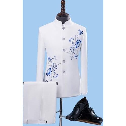 Retro blazer men formal dress latest coat pant designs suit men chinese tunic suit stand collar wedding suits for mens white