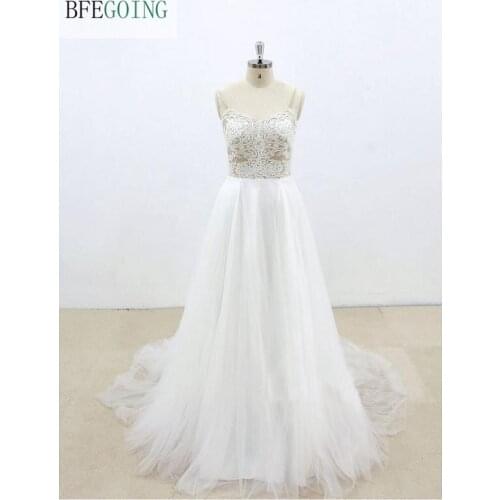 Ivory Tulle Lace Sweetheart Spaghetti Straps Bridal Gown Floor-Length A-Line Wedding Dress Chapel Train Custom Made