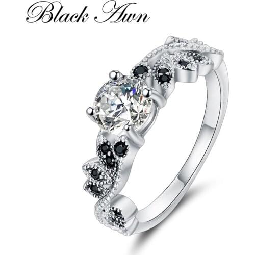 [SODROV] Genuine 100% 925 Sterling Silver Jewelry Black&White Stone Engagement Rings for Women C297