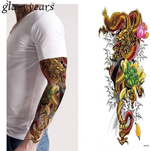 1 Piece Temporary Tattoo Sticker Wave Lotus Dragon Pattern Waterproof Full Flower Arm Body Art Fake Tattoo Sticker Decal QB-3033