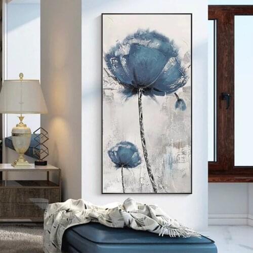 100%Hand Painted Abstract Canvas Painting Wall Art Blue and White Modern Flower Pictures For Office Room Nordic Home Decor Abstr