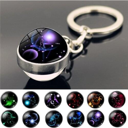 12 Constellation Luminous Keychain Glass Ball Pendant Zodiac Keychain Glow In The Dark Key Chain Holder Men Women Birthday Gift
