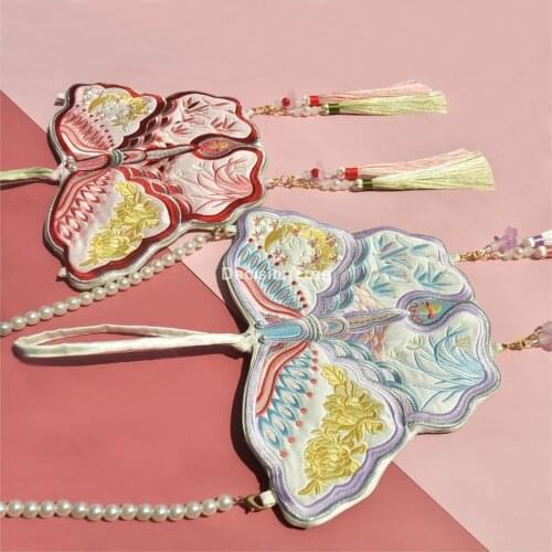 2021 chinese national style hanfu chinese luxury butterfly two side embroidery tassel pearl chain bags shoulder crossbody bag