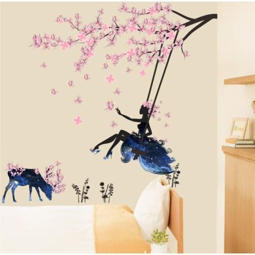 Swinging Fairy Girl Wall Sticker Pink Butterflies Decoration Girl Kids Room Living Room Bedroom Decals DIY Wallpaper Home Decor