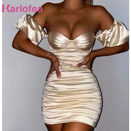 Karlofea Elegant Prom Dresses For Women Celebrity Clothing Puff Sleeve Sexy Nightclub Party Outfits Ruched Satin Bodycon Dress