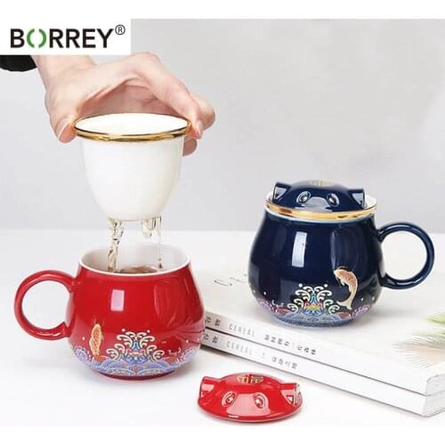 BORREY Lucky Cat Ceramic Water Mug Tea Infuser Teapot Bone China Mug Office Coffee Cup Red Blue White Christmas Festival Gift