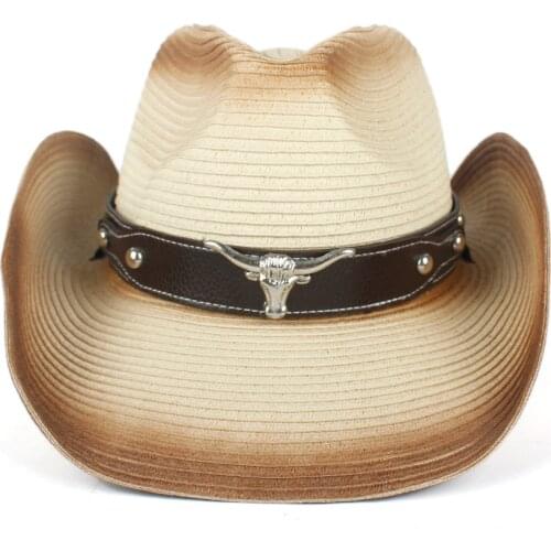 2019 Women Men Hollow Western Cowboy Hat Lady Summer Straw Bull Head Sombrero Hombre Beach Cowgirl Jazz Sun Hat Size 57-59CM