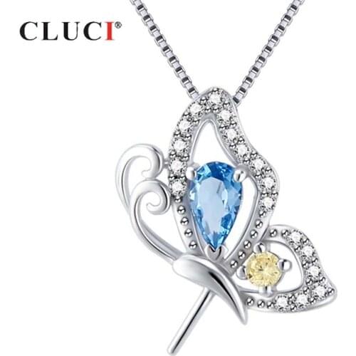 CLUCI 925 Sterling Silver Blue Butterfly Pendant Luxury Jewelry Gift for Women Silver 925 Zircon Butterfly Pendant SP406SB