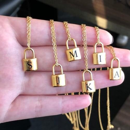 A-Z Initials Letter Padlock Necklaces For Women Stainless Steel Gold Chain Lock Pendant Necklace Valentine Jewelry Gift 2021
