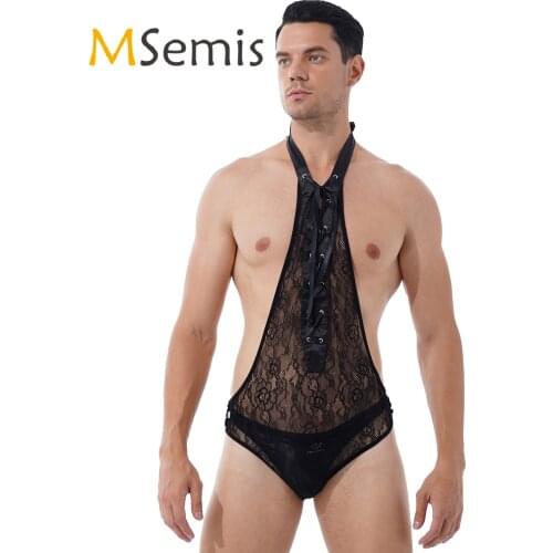 Mens Lingerie Floral Lace Deep V Sexy Bodysuit See-through Leotard Bodysuit Underwear Halter Lace-up Open Butt Sissy Nightwear
