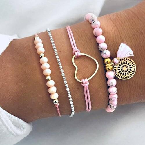 4 Piece Set Bohemia Boho Women Girl Lady Female Pink Color Chain Heart Charm Bracelet, Tassel Charm Bracelet, Beads Bracelet