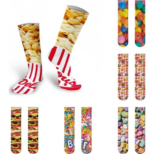 Fruits Candy Printed Women Socks Girls Funny Happy Harajuku Cotton Long Socks Unisex Chocolate Popcorn Smiling Socks For Female