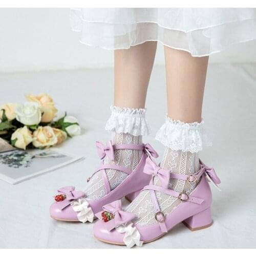 YQBTDL 2021 New Style Lolita Bow Butterfly-knot Lace Strawberry Pumps Women Spring Summer Buckle Strap Party Sweet Shoes Size 43