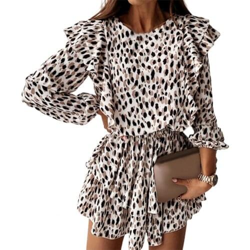 Dresses For Women 2021 Stylish Flying Sleeve Round Neck Leopard Print Ruffle Layered Dress Women Casual Dress vestidos de mujer