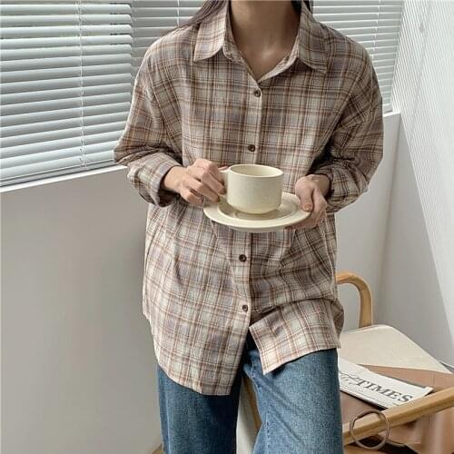 2021 New Womens Plaid Shirt Homemade Light Brown Lad Shirt Womens Spring Autumn Loose Casual Temperament Bottom Shirt