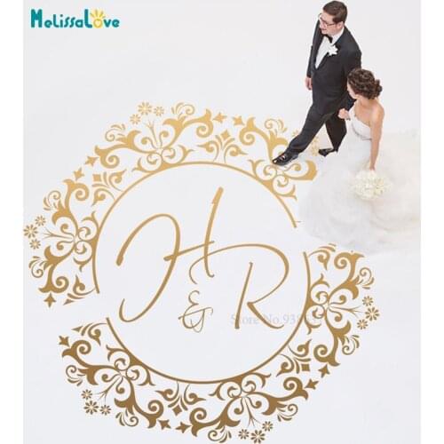 Hexagon Flower vine Design Custom Initials Wedding Party Dance Floor Monogram Decal Removable Vinyl Wall Stickers BA859