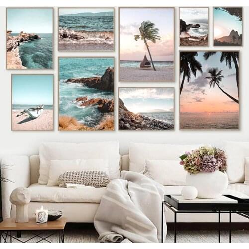 Scandinavia Beach Coconut Tree Yacht Poster Mountain Lake Landscape Art Print Women Swimming Wall Art Canvas Painting Home Decor