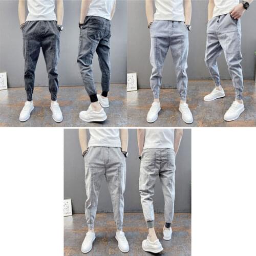 2021 spring and autumn thin fashion youth slim solid color denim feet pants slim trendy brand harem pants mens trousers