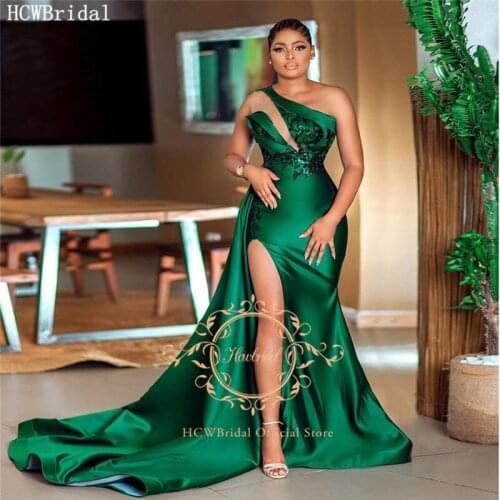 Green African Mermaid Sexy Evening Dress One Shoulder High Slit Shiny Sequin Appliques Plus Size Special Occasion Dresses Women