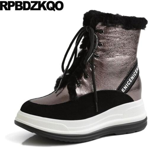 Big Size Flatform Women Plus Muffin Shoes Plush Front Lace Up Casual Ankle Boots Autumn Real Fur Harajuku 10 Platform Patchwork
