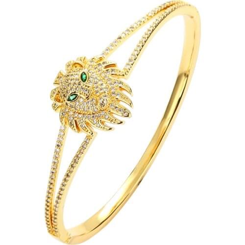 Womens Gold Bangles Bracelets Lion Head Punk Rock Copper Zirconia 18K Gold Plated Adjustable Open Bangles Heart Hollow Bangle