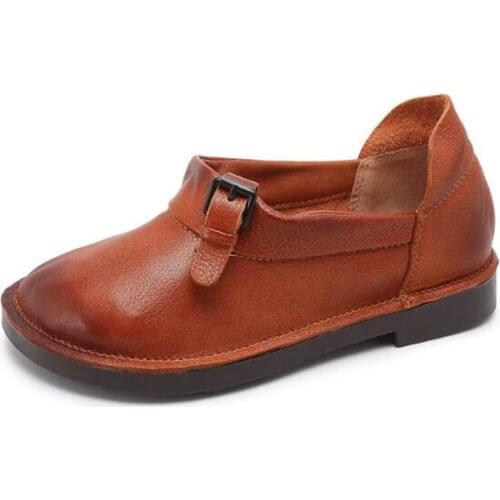 Genuine Leather Flat Shoes Woman Hand-sewn Leather Loafers Cowhide Flexible Spring Casual Shoes Buckle Round Toe women shoes