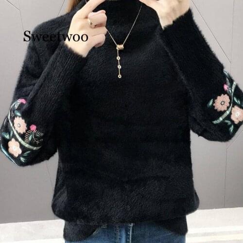 Turtleneck Sweater Cashmere Winter Clothes Women Embroidered clack flower Long Sleeves Tops Water Velvet Warm Pullover Sweater