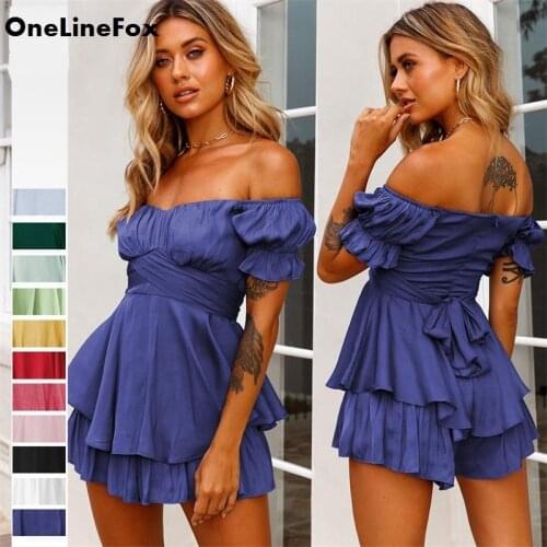 OneLineFox Elegant Sexy Party Summer Playsuit Women Off Shoulder Backless Mini Jumpsuit Strapless Solid Clothes Vestido