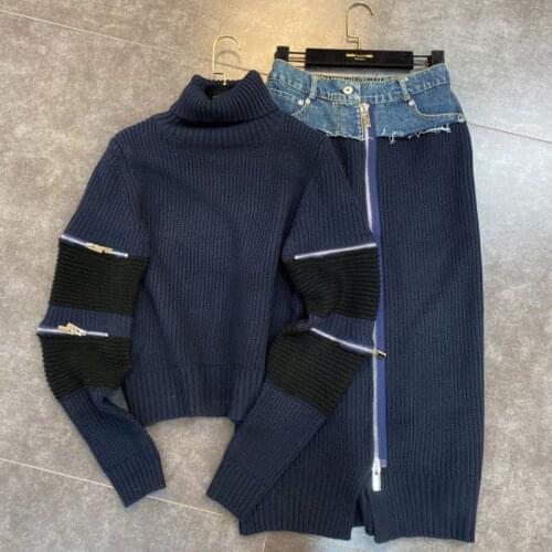 DEAT 2021 Autumn Women New Fashion High Collar Zipper Decoration Sweater Knitted Patchwork Denim Skirt Two Piece Set GC359