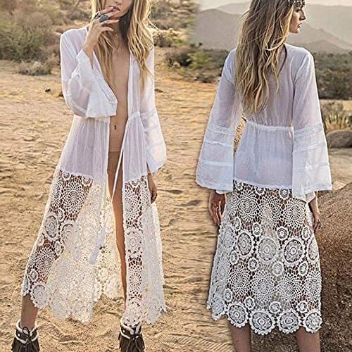 Women Long Sleeve Hollow Out Lace Up Sexy Casual Boho Beach Holiday Bathing Casual Sexy Bikini White Cover Ups Cardigan