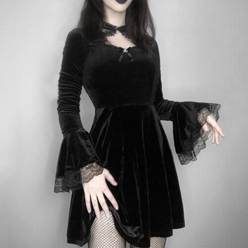 Gothic Black Velevt Dress Autumn Women High Waist Flare Long Sleeve Patchwork Lace Hollow Out Mini Party Dress Female