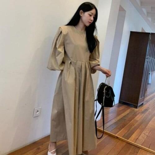 O Neck Pullover Lantern Long Sleeve Dress Women High Waist Hip A Line Vestidos Summer 2021 New Loose Robe All Match