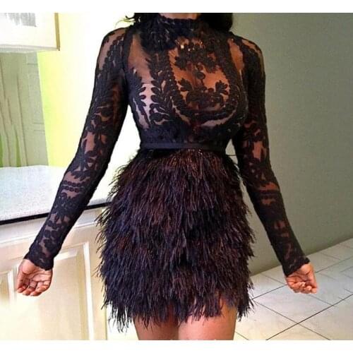 Women New Winter Mini Feathers Dress O-Neck Full Sleeve Above Knee Dress Sexy Night Club Hot Stamping Bandage Dresse