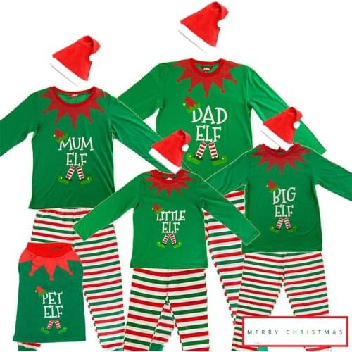 2019 Christmas Party Elf Costumes Family Cosplay Dress Green Dad Mum Baby Kid Christmas Suits Winter Pajamas Top+Hat+Pants Set
