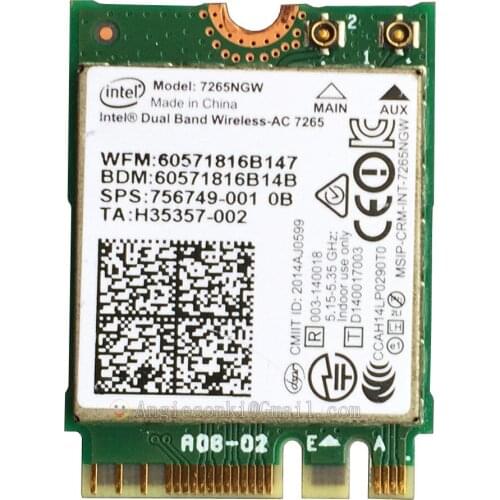 7265NGW NGFF M.2 867m 802.11ac Wifi + Bluetooth 4.0 Wlan Card 867Mbps Intel 7265AC For HP 756749-001 EliteBook 850 G2