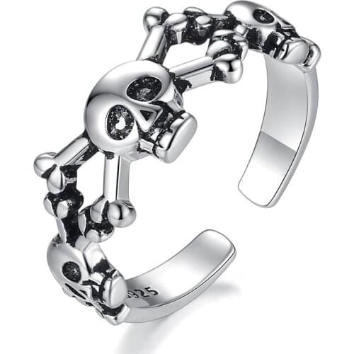 Black Skull Skeleton Vintage Punk Big Thai Silver Color Adjustable Ring For Women Mens Fashion Korean Chunky Jewelry S-R2182