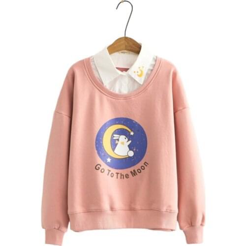 Fleece Fake 2 Piece Sweatshirt Caroon Print Cute Hoodies 2020 Winter Long Sleeve Turndown Collar Patchwork Kawaii Pullover Tops