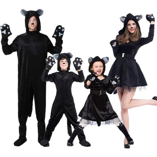 Halloween Purim Party Costumes Family Matching Animal Black Cat Costume Cosplay Jumpsuit for Adult Kids Girl Fancy Dress