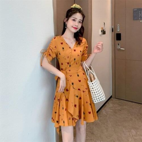 Summer Fashion Womens Dress Short Sleeve V-Neck Ladies French Resort Style Yellow Floral Short Dress Beach Holiday Dress