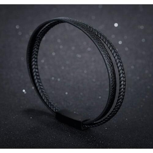 Retro Style Mens Stainless Steel Bracelet Double-layer Leather Hand-woven Bracelet Black/brown Two Optional Jewelry Wholesale