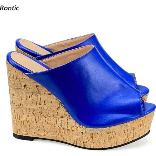 Rontic New Fashion Women Platform Mules Sandals Unisex Faux Leather Wedges Heel Open Toe Blue Black Party Shoes Size 34 45 47 52