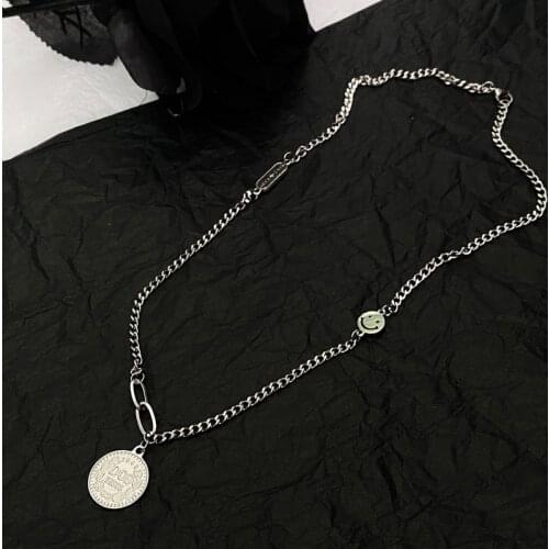 Unique Design Letter Print Coin Necklaces for Women Girl Titanium Steel Linked Chain Asymmetric Pendant Necklace Punk Jewelry