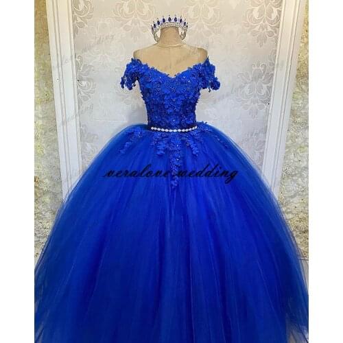 Royal Blue Quinceanera Prom Dresses 2021 Off Shoulder Sequins Ball Gown Tulle Party Sweet 15 16 Dress Quinceañera Anos