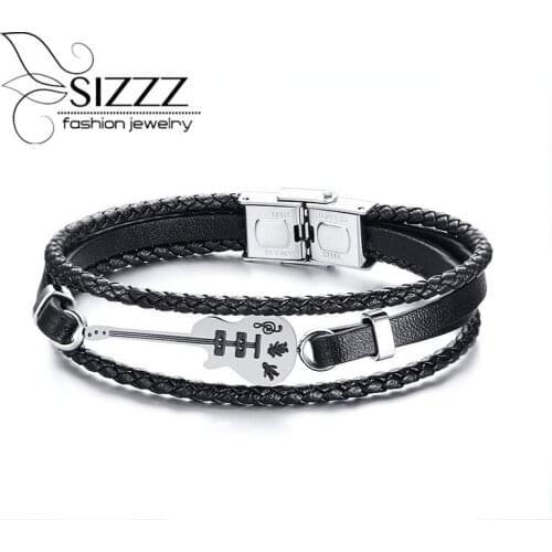 SIZZZ Factory direct music lovers stainless steel guitar leather bracelet&bangles for men/women