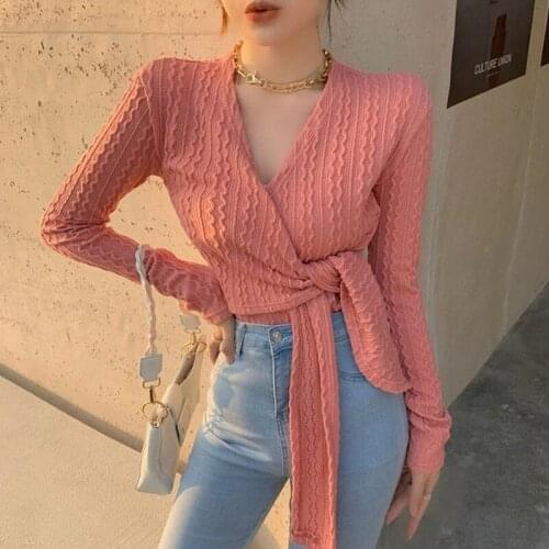 Japanese Sweet Knit Pullovers Sweaters Korean V Neck Long Sleeve Crop Sweater Autumn New Vintage Lacing Bow Sueter Mujer